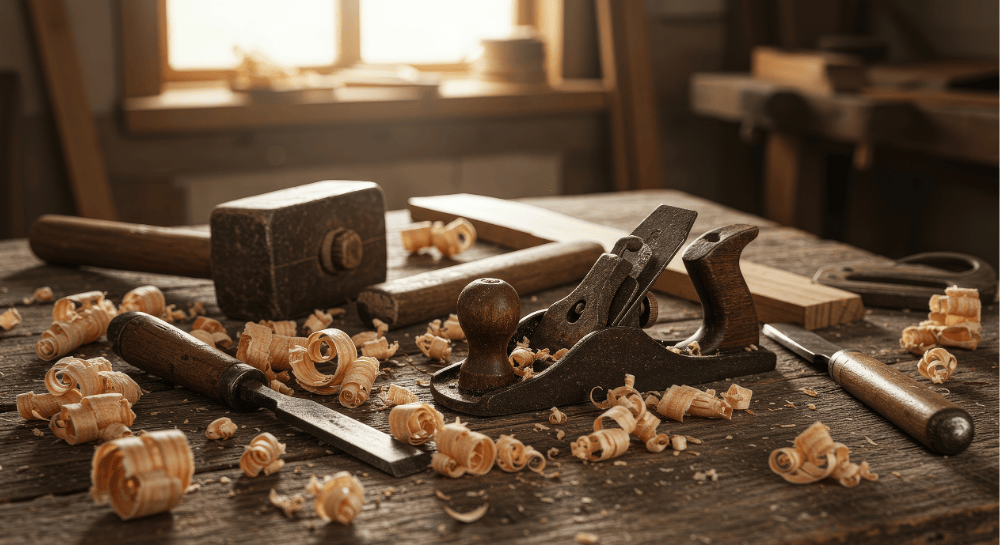 Joinery tools and wood shavings on workbench – Datum Works carpentry and site management North Wales