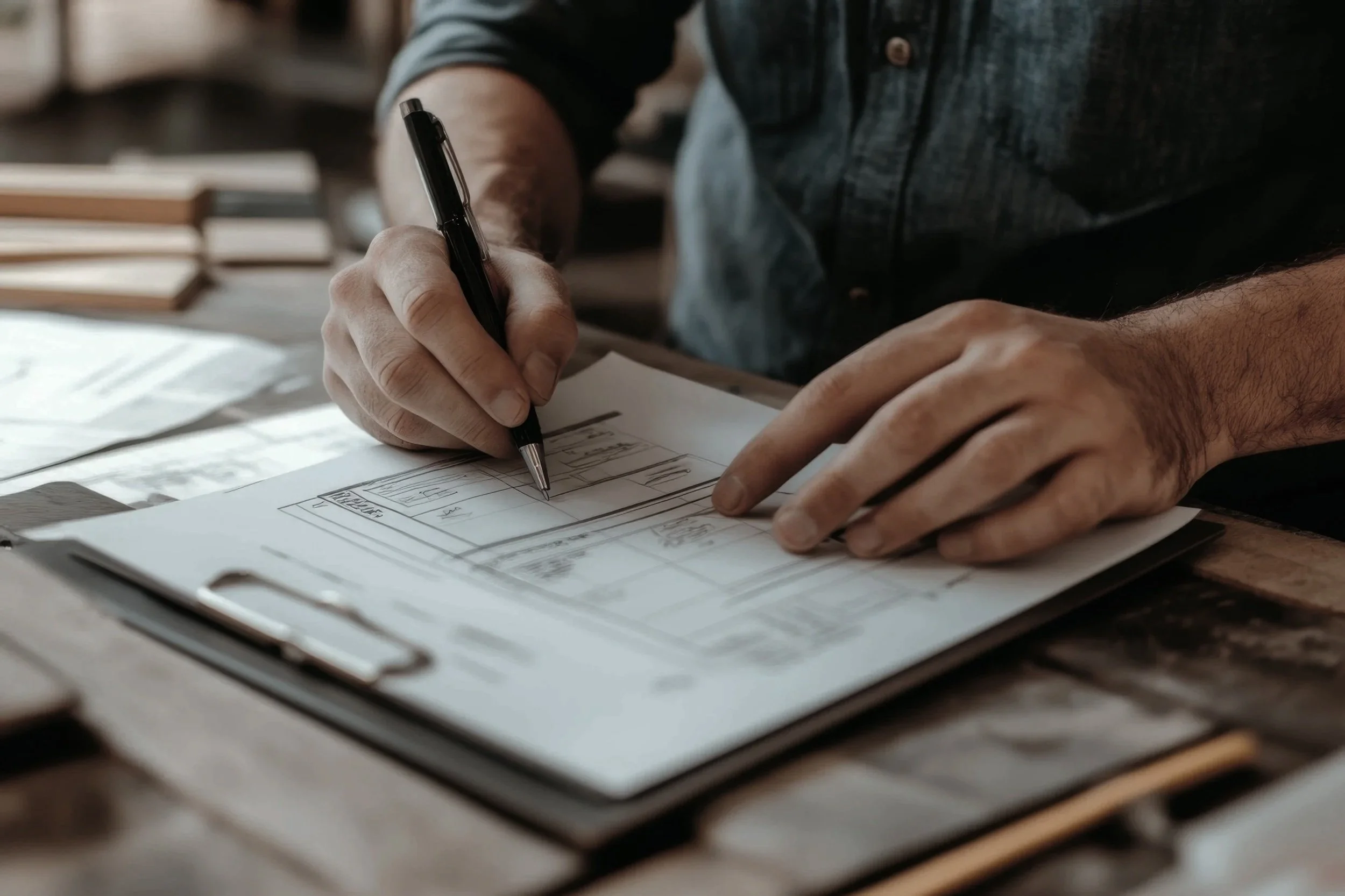 Project manager reviewing building plans on clipboard – Datum Works joinery and carpentry consultation UK