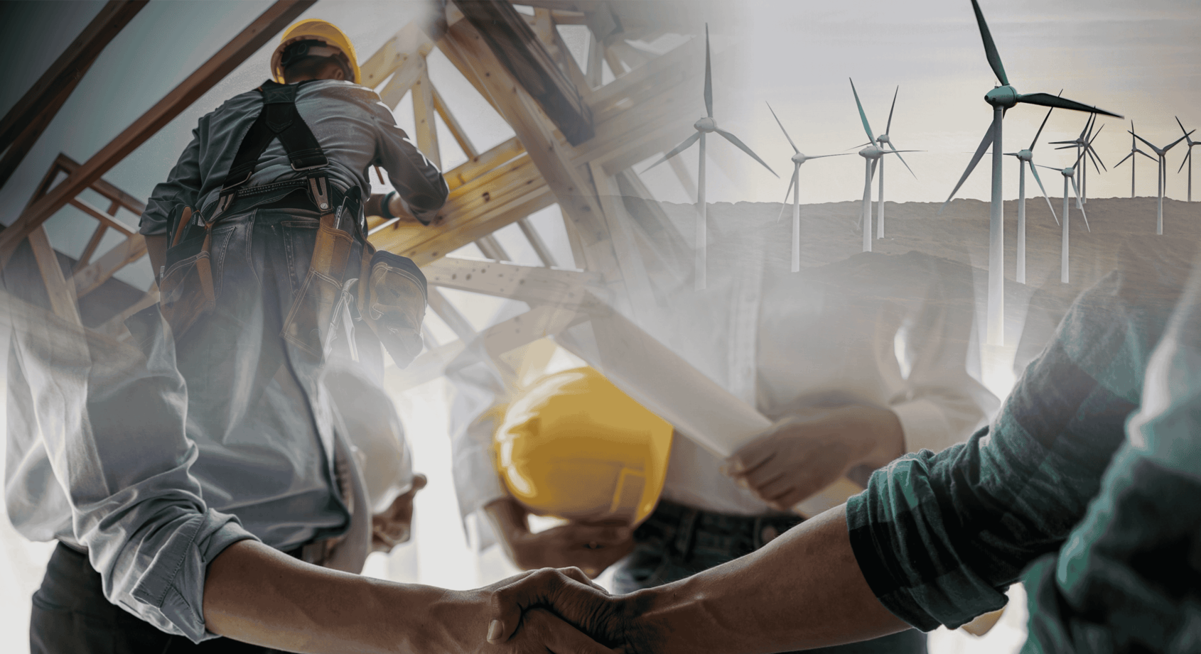 Collage of construction workers, wind turbines, and handshake symbolising teamwork and sustainable projects