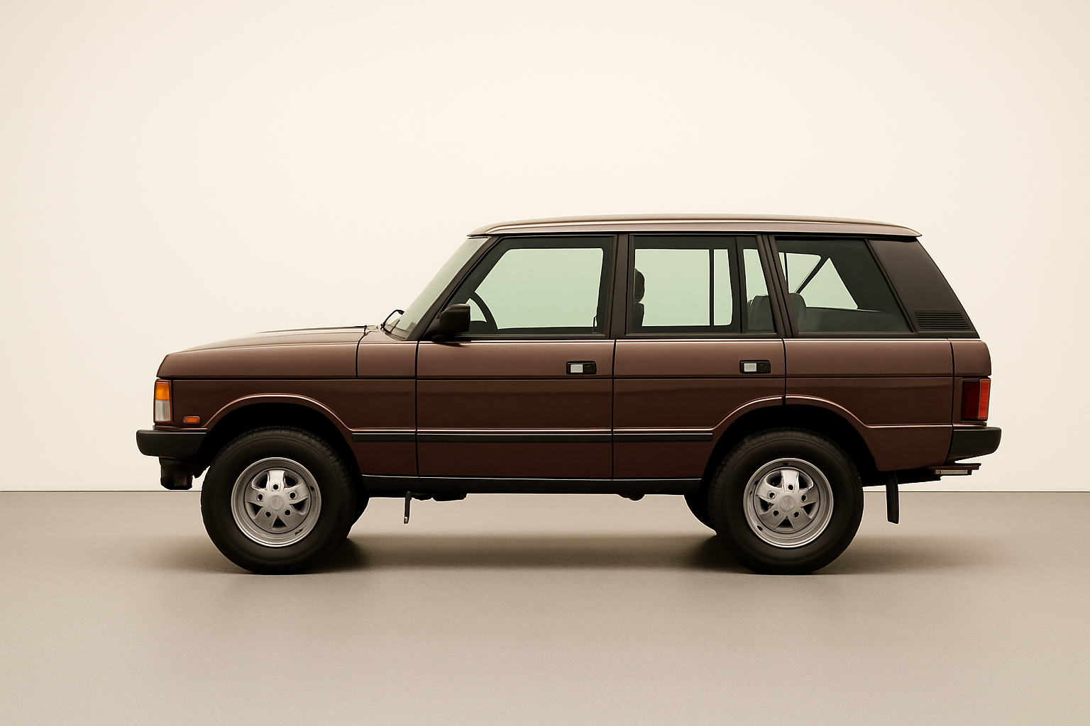 Classic Range Rover. Ein brauner Oldtimer-SUV steht in einem weißen Raum, frontal von links sichtbar.