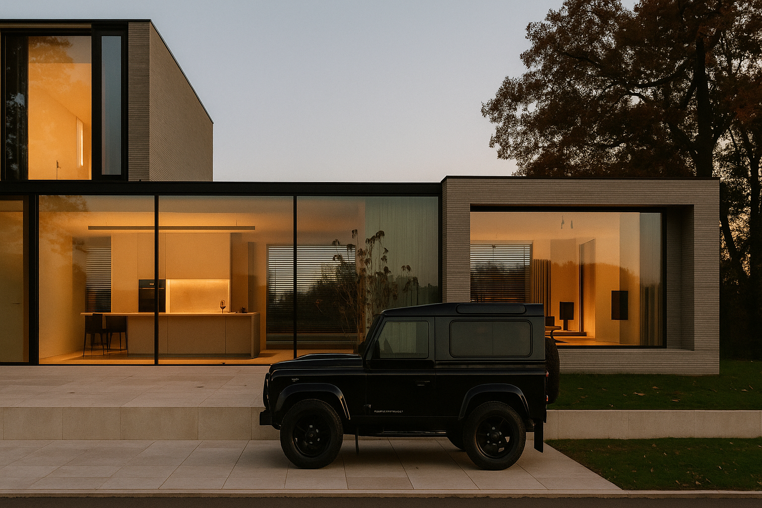 Moderne Villa mit großen Glasfenstern, warm beleuchtet, und einem schwarzen Geländewagen vor dem Haus bei Sonnenuntergang.