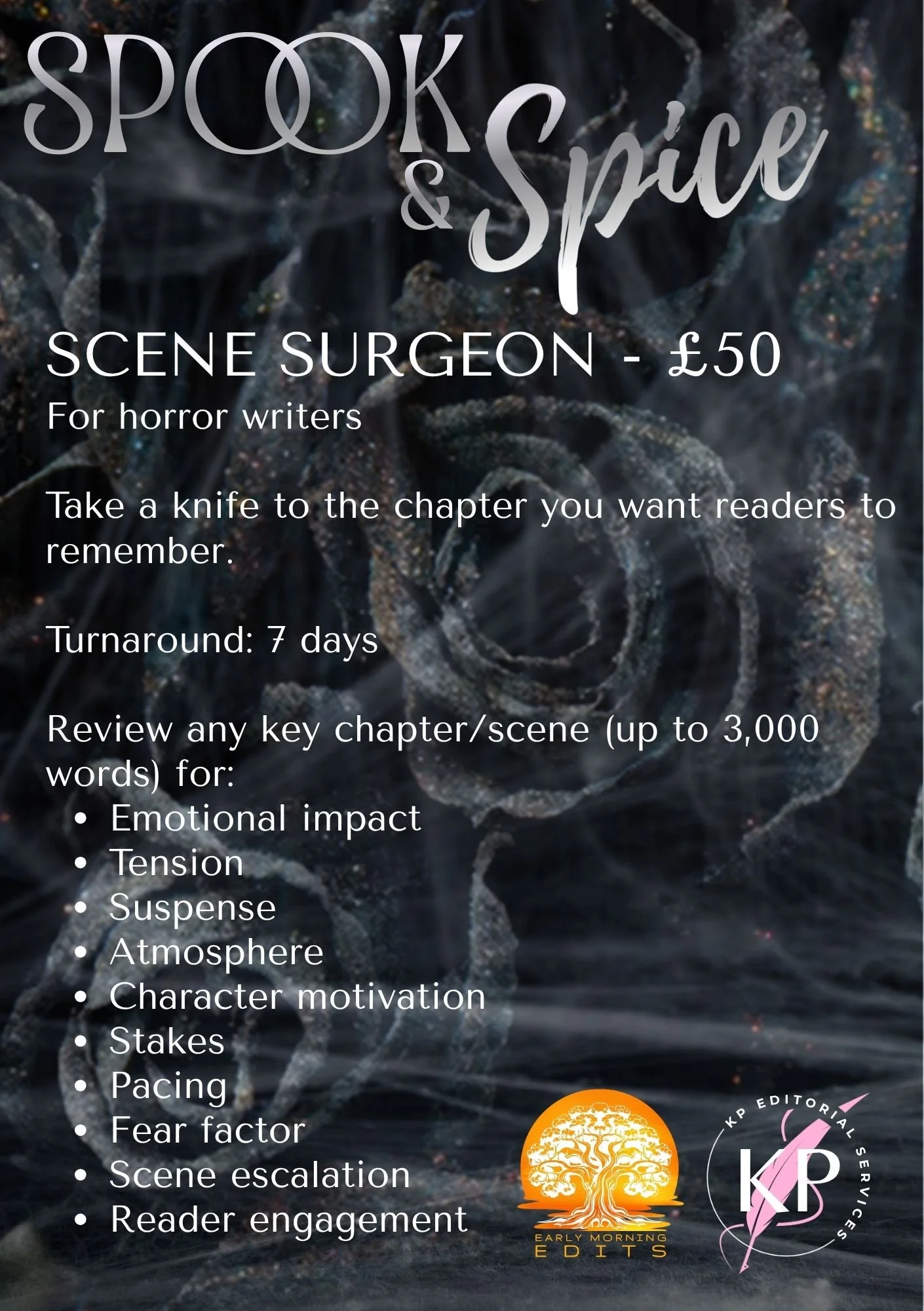 A promotional poster for a mini service called 'Spook & Spice', offering scene surgery for horror writers at £50.
