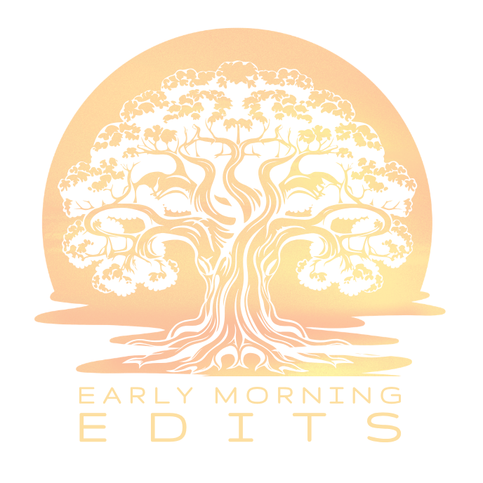 An artistic logo of a large tree with many branches and leaves, illuminated by an orange and yellow sunrise background, with the words 'Early Morning Edits' below.