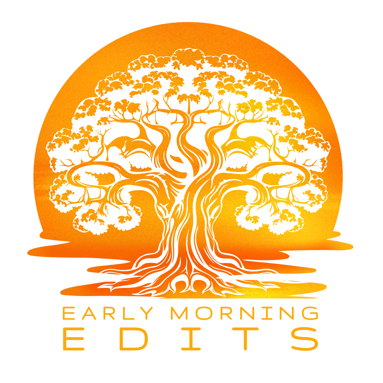 A stylized orange and yellow sunrise logo featuring a tree with twisting branches and roots in front of it, with the text 'Early Morning Edits' below it.