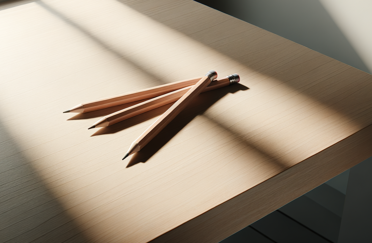 Early Morning Edits - Fiction Editing Services. Four wooden pencils with erasers resting on a light-colored wooden desk, with shadows cast by natural light.