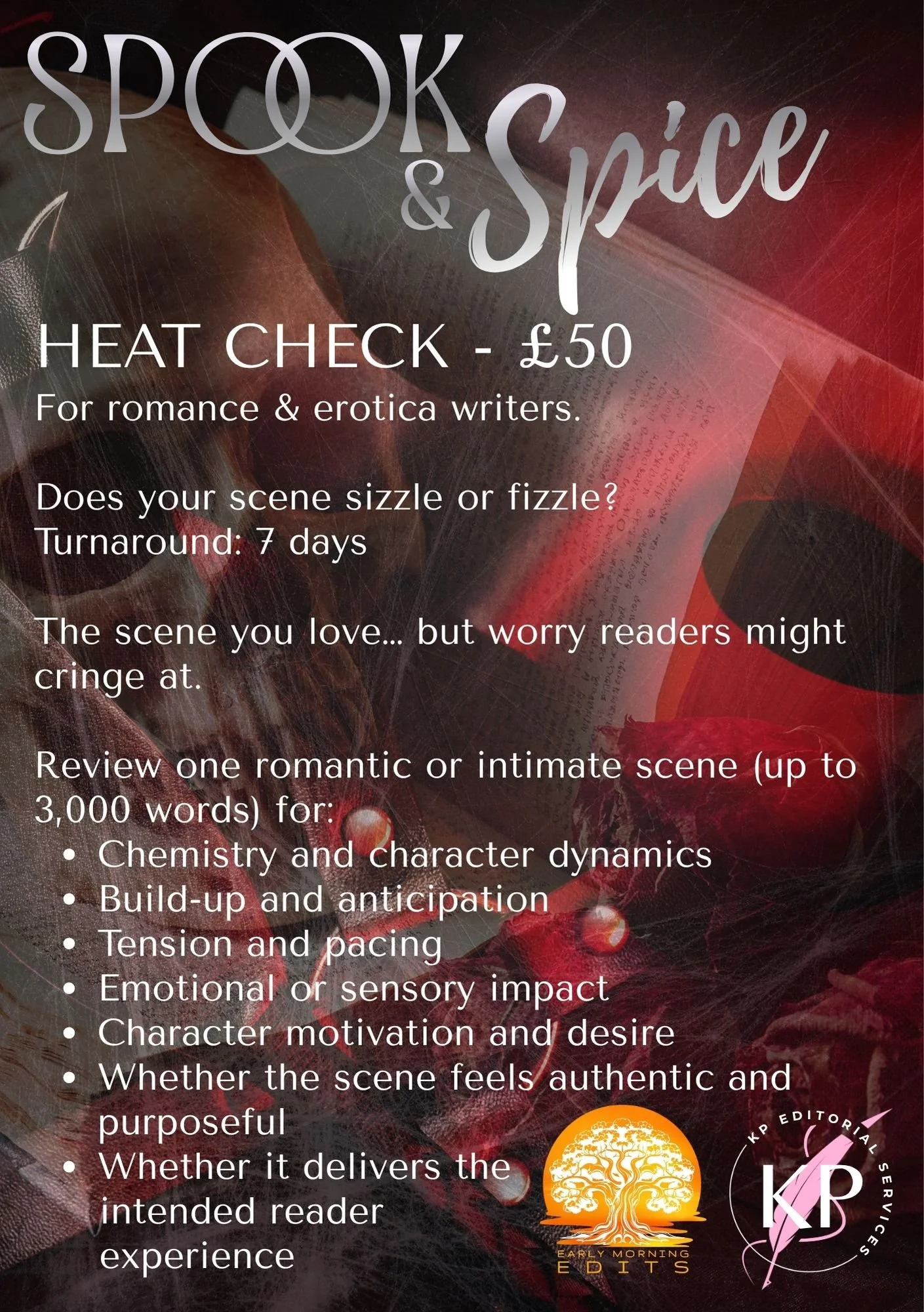 Promotional poster for Spook & Spice. Seasonal mini-services designed for horror, romance, and erotica writers.
