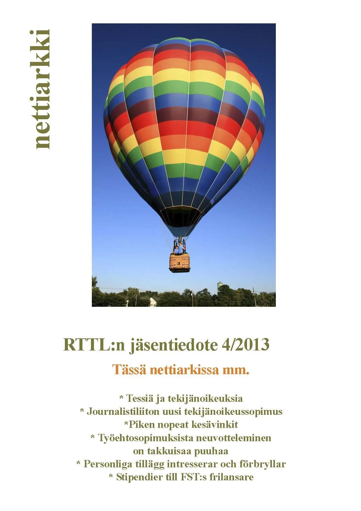 värikäs kuumailmapallo ilmassa. "Liiton Arkki" kansilehti.