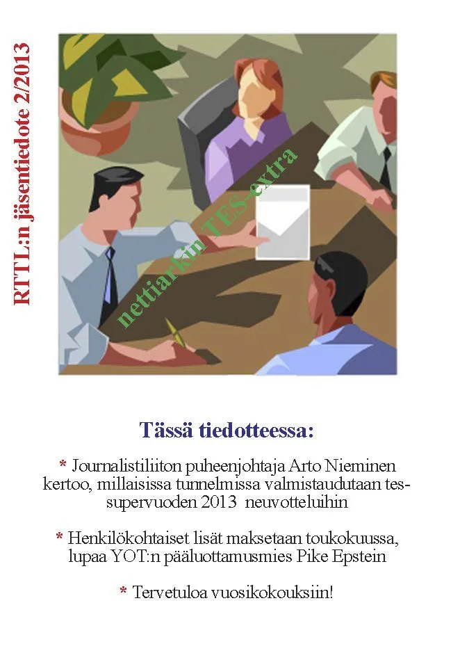 Piirroskuva, jossa on ihmisiä neuvottelupöydän ääressä. "Liiton Arkki" kansilehti.