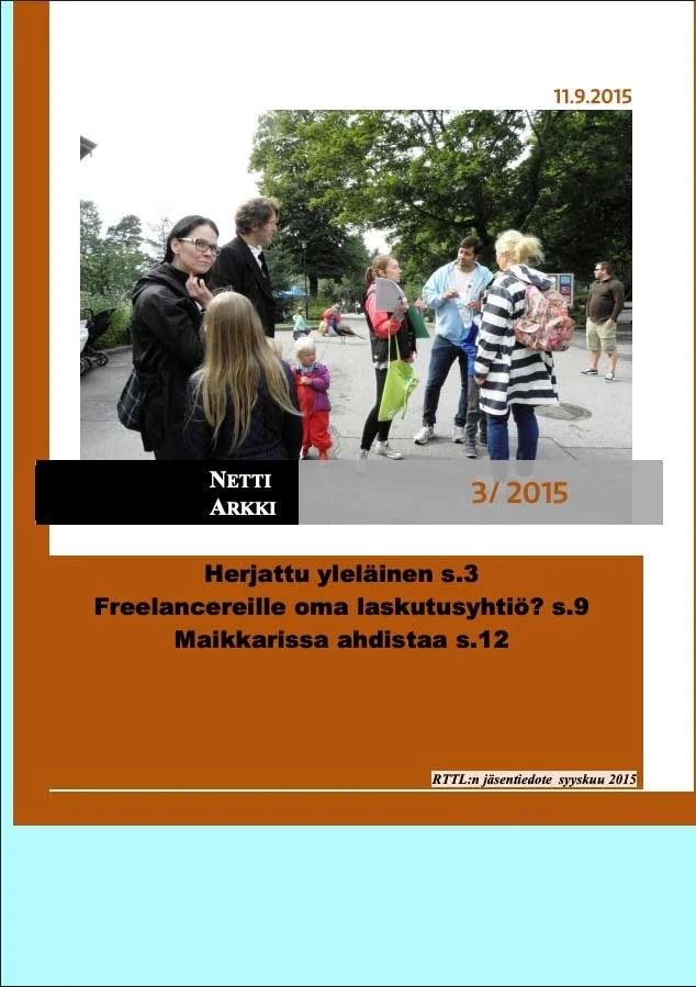 Kuvassa on useita ihmisiä, mukaan lukien aikuisia ja lapsia, kävelemässä puistoalueella. Taustalla on puita ja muita ihmisiä. "Liiton Arkki" kansilehti.