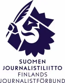 Suomen Journalistiiliitto logo, leijona, sulka ja teksti Suomen Journalistiliitto, Finland's Journalist Association.