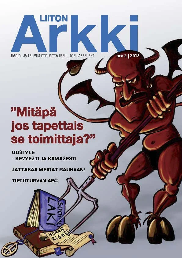 "Liiton Arkki" kansilehti, jossa on piirros pienestä sarvihahmoa muistuttavasta demonivarjostetusta hahmosta.