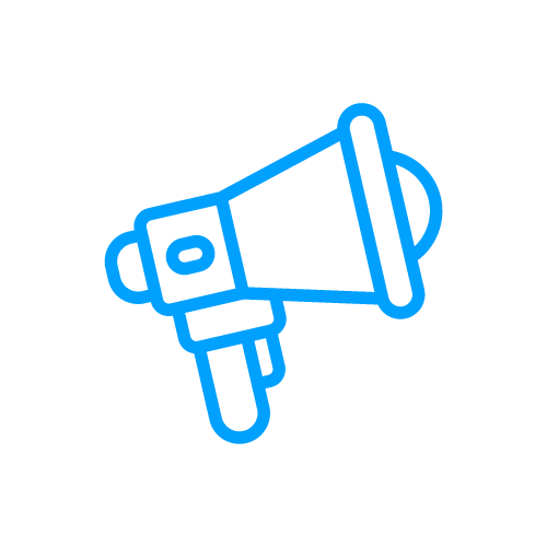 Sininen kuulutusmegafoni ikoni mustalla taustalla.