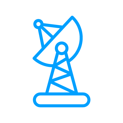 Sininen esine symboli, joka kuvaa radiotornia tai satelliittilähetintä.
