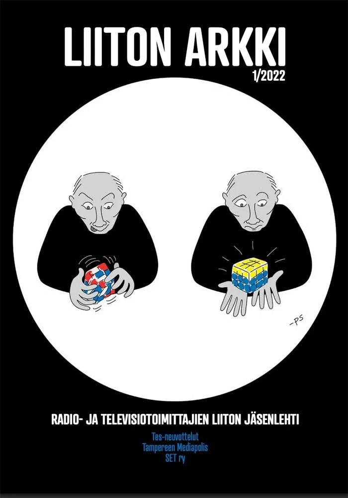 "Liiton Arkki" kansilehti. Siinä on kaksi piirrosta henkilöistä. Taustalla on musta ja valkoinen väritys.