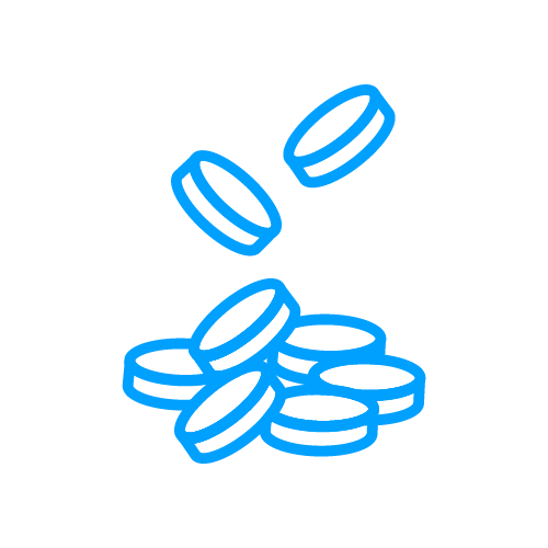Siniset kolikkohahmot, jotka kasaantuvat ja putoavat.