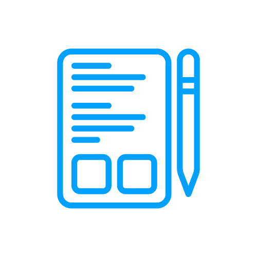 Tummanseli, jossa on sinisiä muotoja ja riviä, kuvaa lomakkeen tai dokumentin täyttöä, mukaan lukien teksti, kaksi valintaruutua ja kynä.