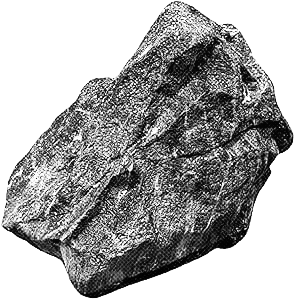 Close-up of a rough, dark gray rock with uneven surface and jagged edges.
