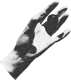 Black and white image of a human hand holding a dark marble with fingers slightly curled.