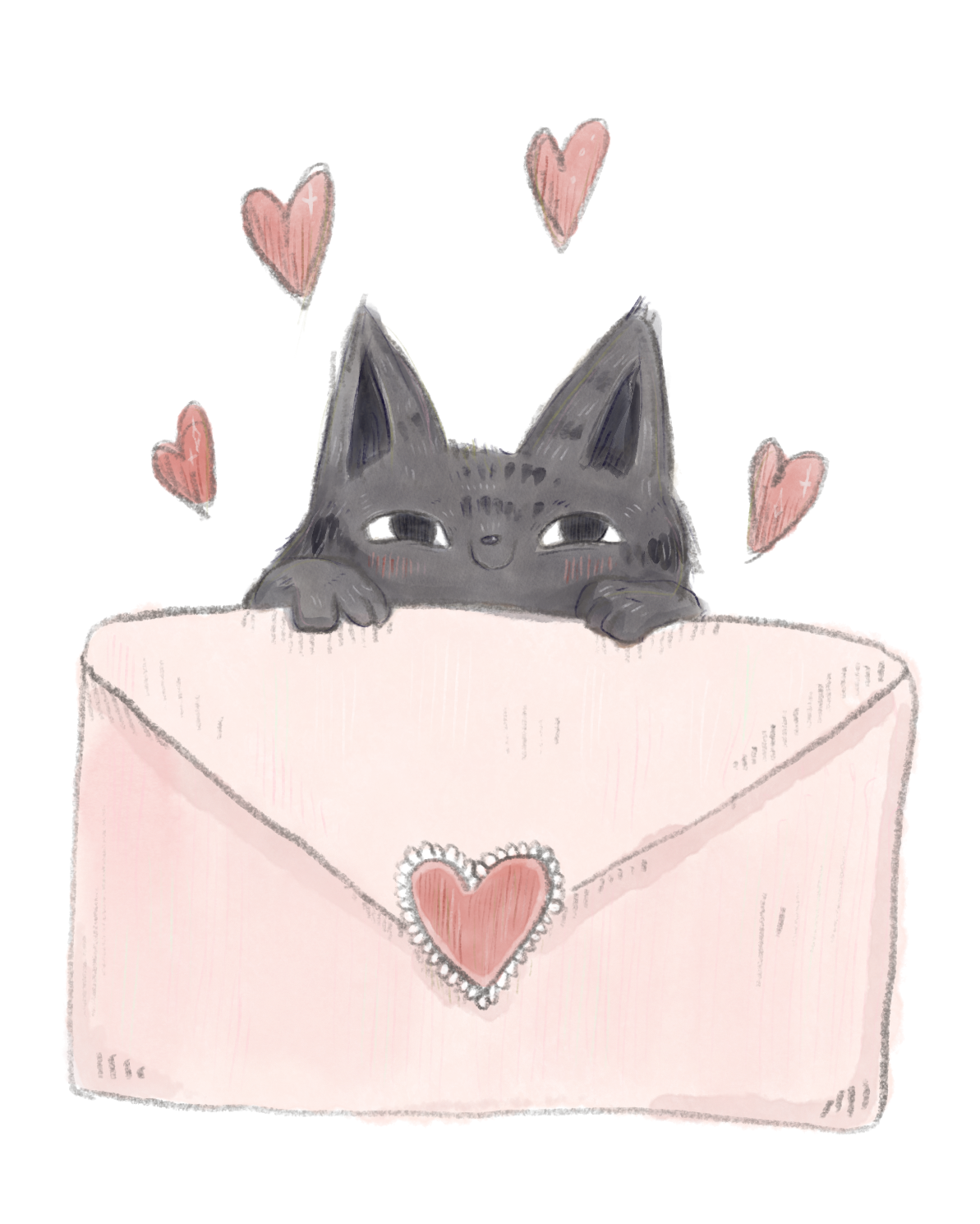 Gatto grigio che sbircia da dietro una scatola rosa decorata con un cuore, circondato da altri cuori rosa fluttuanti.