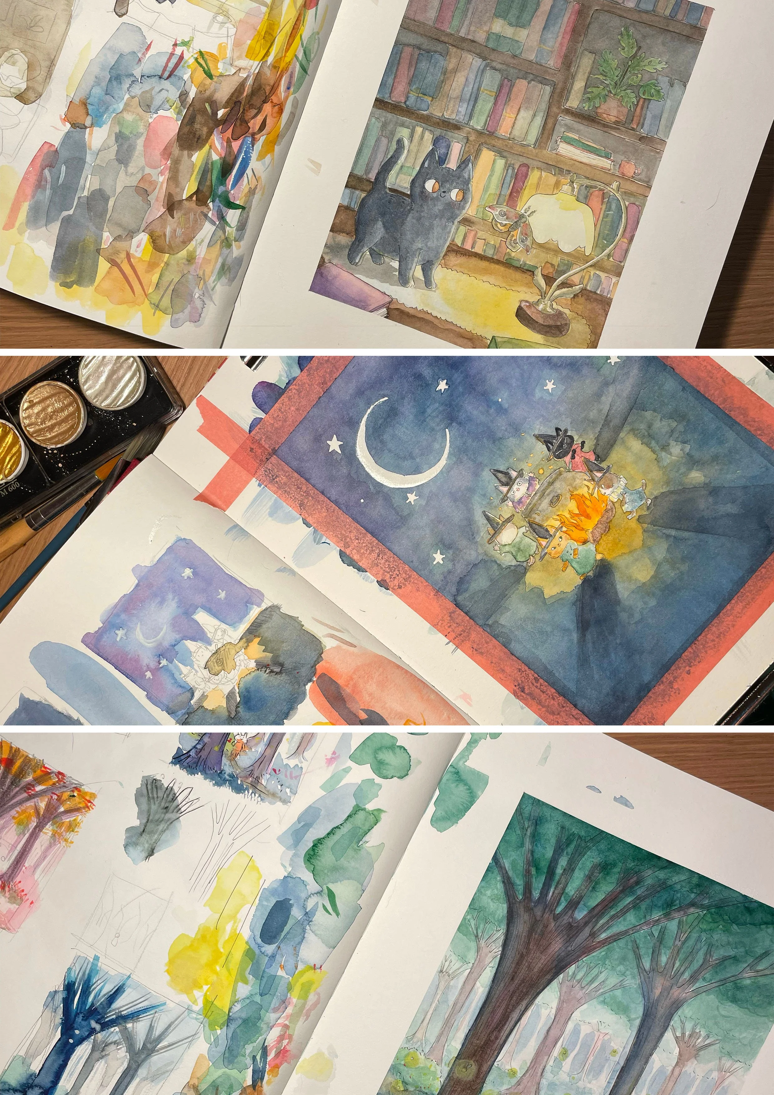 Sketchbook aperto con dipinti e acquerelli di scene di natura, interni con libri e gatti, e paesaggi con alberi e foresta.