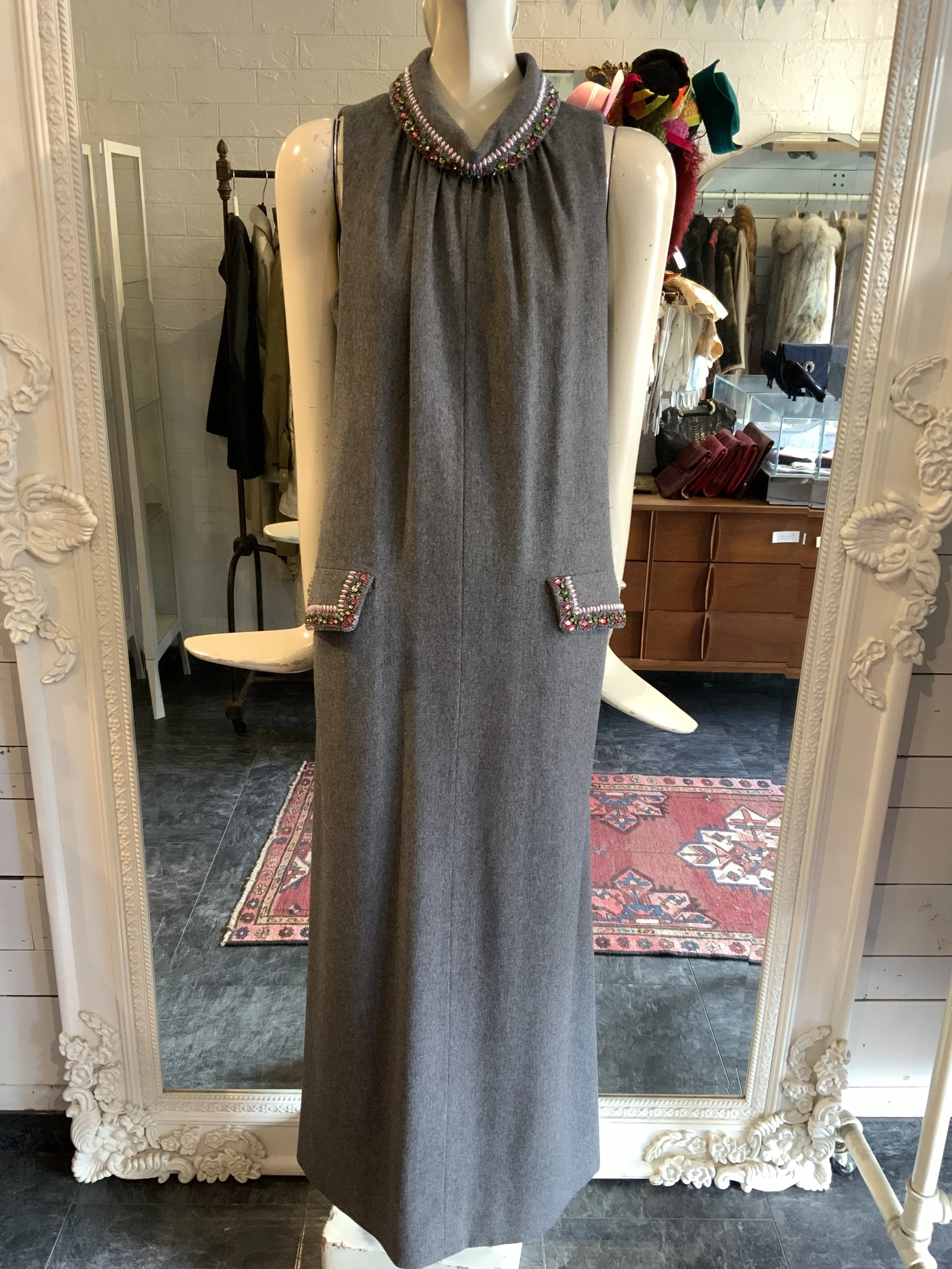 1960s grey wool maxi dress with beading   | Size Small