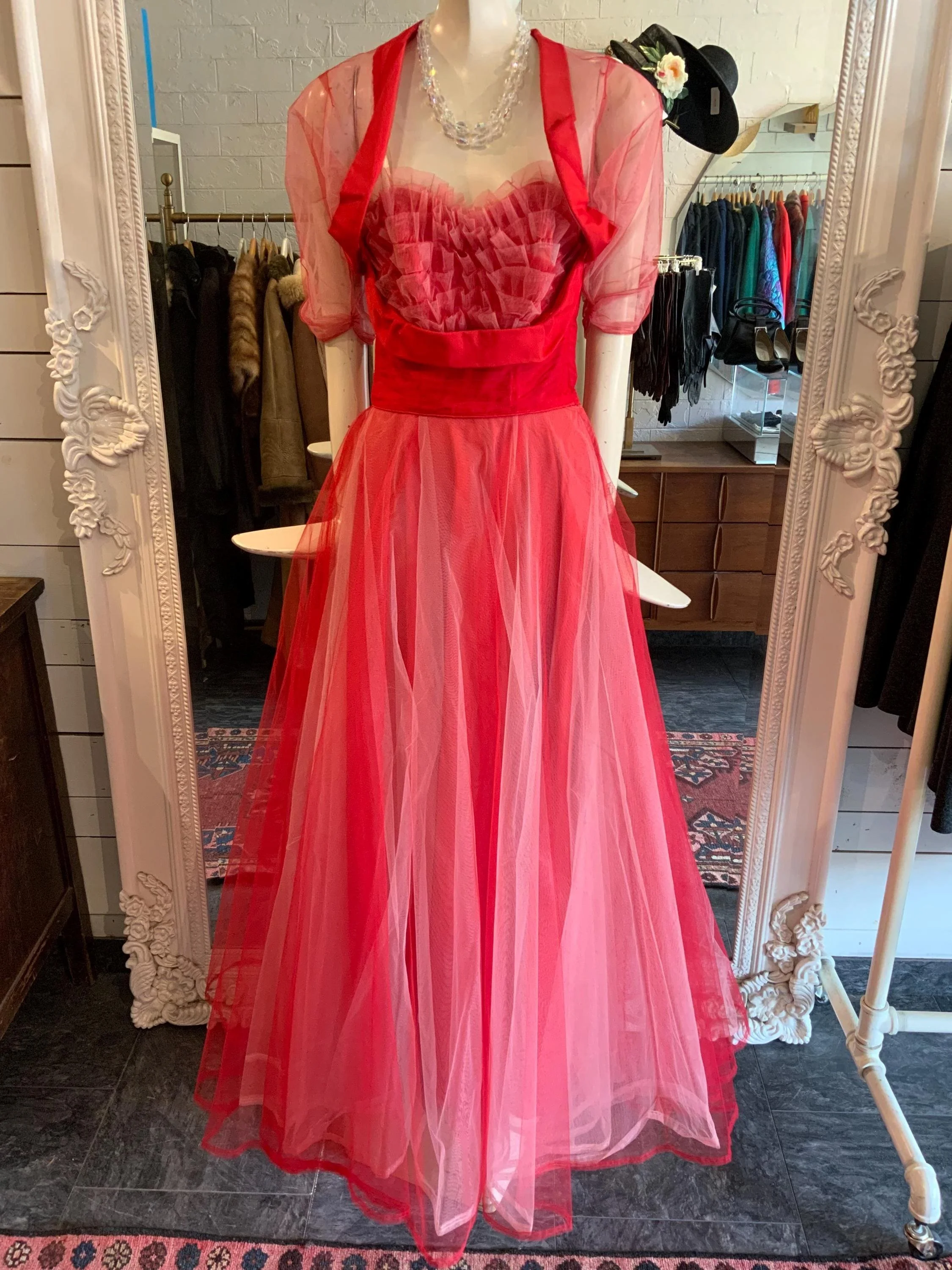 1950 red tulle prom dress | Size Small