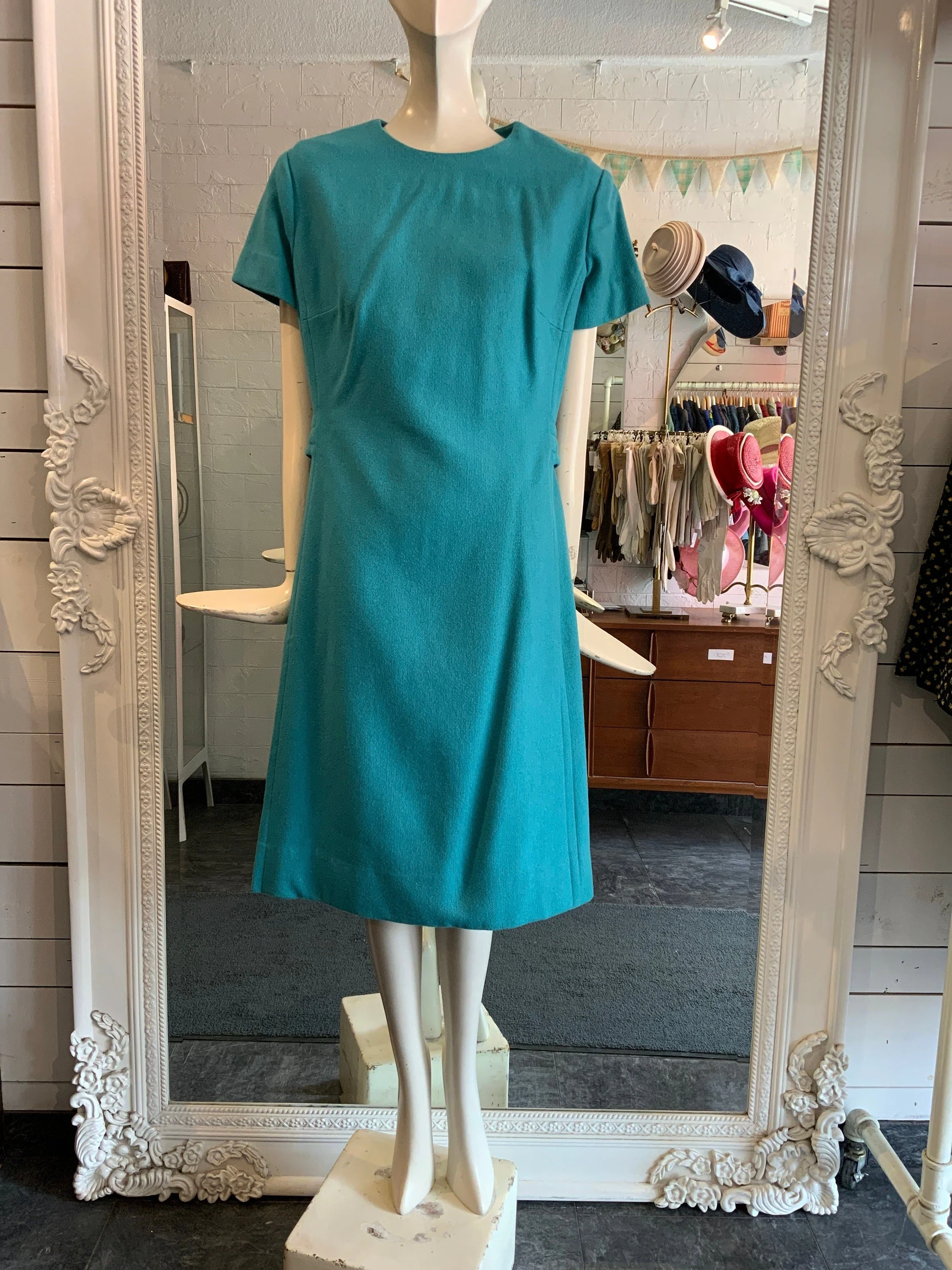 1960s wool dress, teal dress| Size S