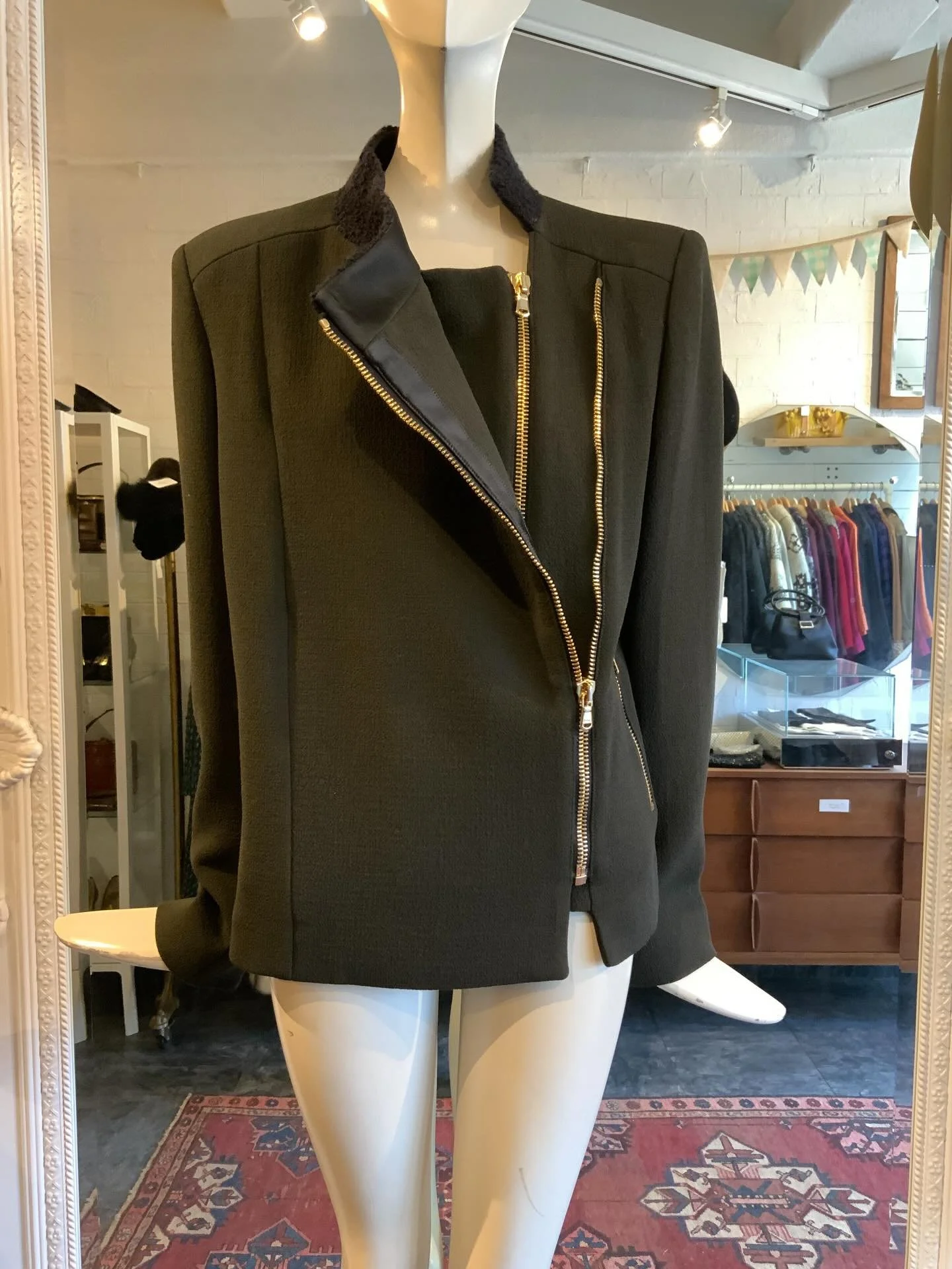 Etro is one of our ( and your) favourite brands and we were so excited to see this beauty walk through the door. This sly Etro moto jacket is beyond chic, even more so because it is not black, rather a smoky brown. Made of a gorgeous wool and feature