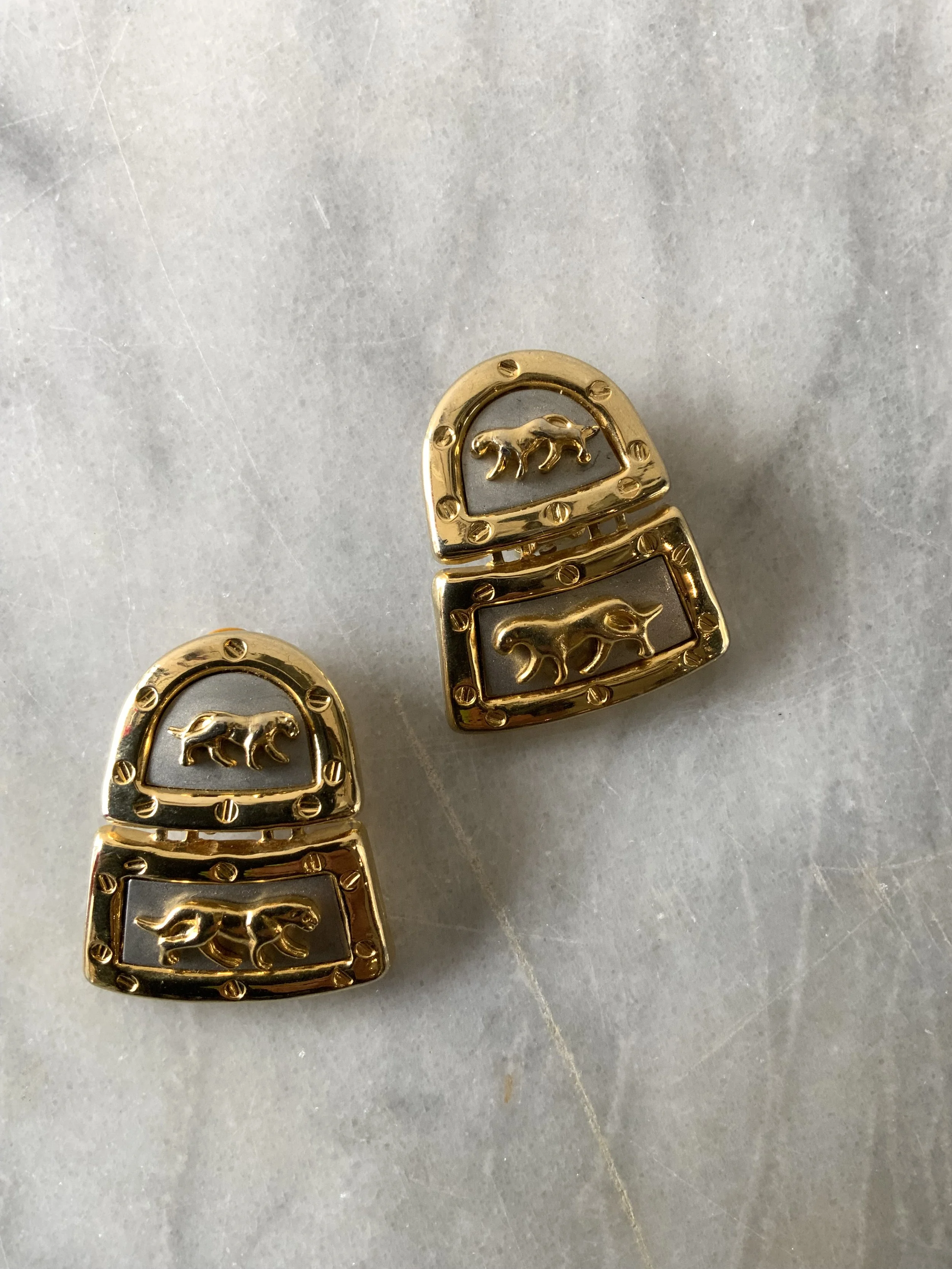 1980s gold and silver panther clip on earrings