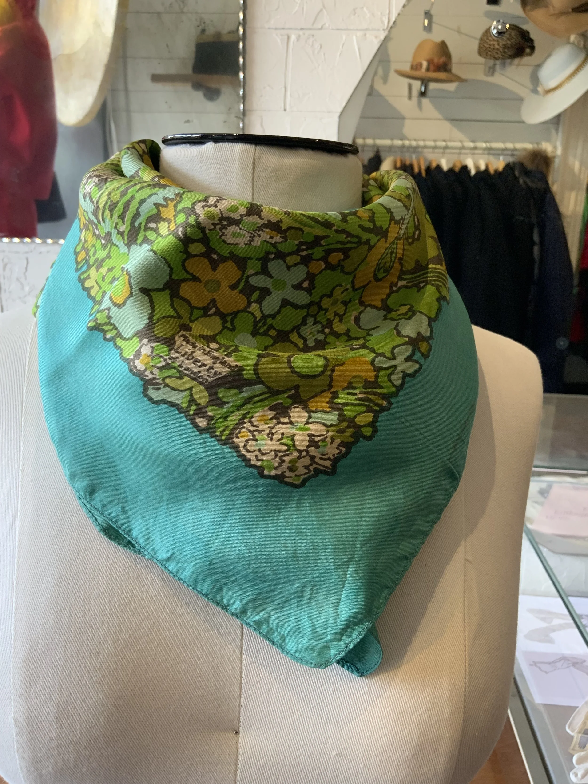 Liberty Aqua and Green Floral Silk Scarf