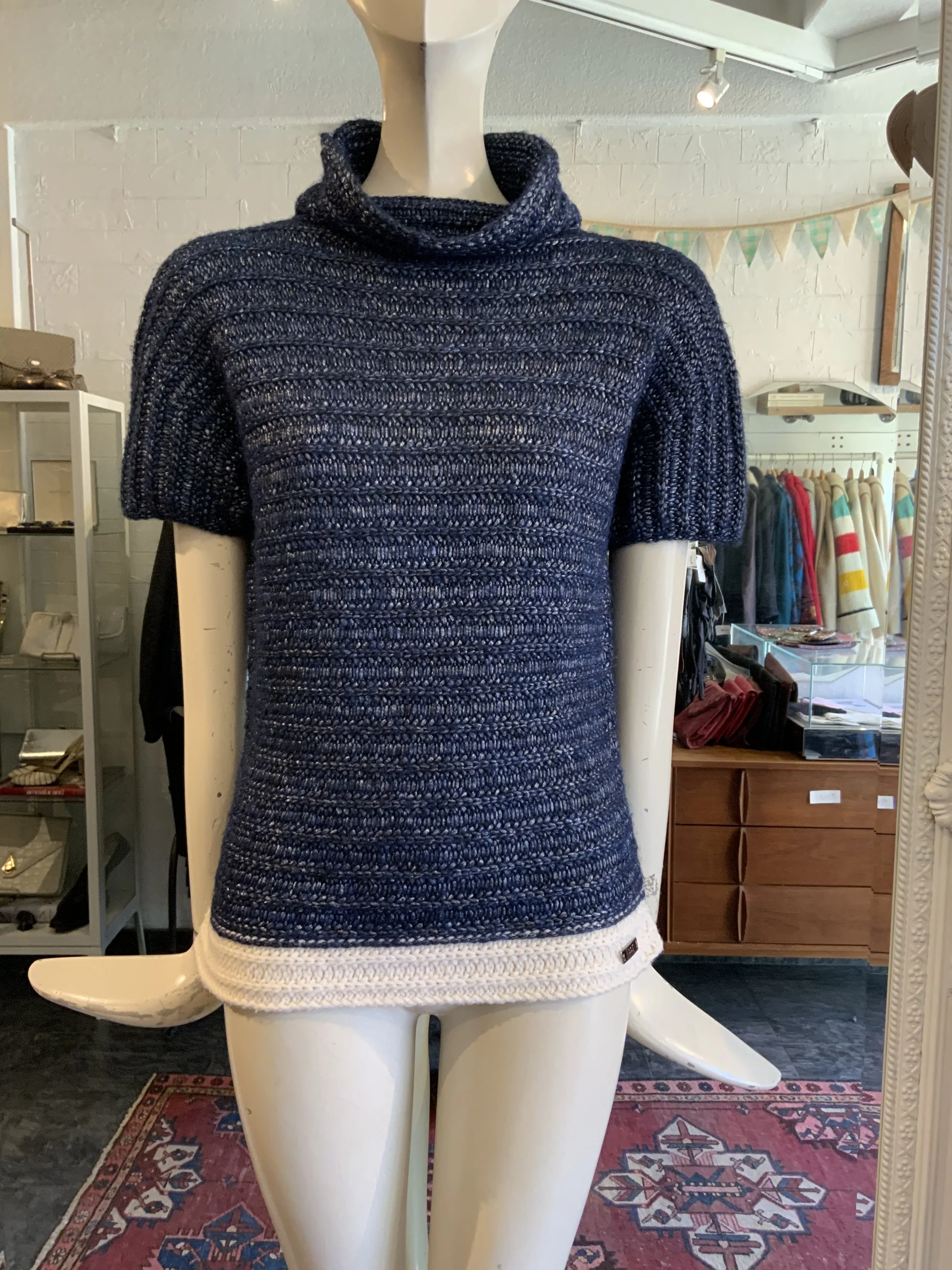 Escada Blue Metallic Knit Short Sleeve Sweater | Size Small