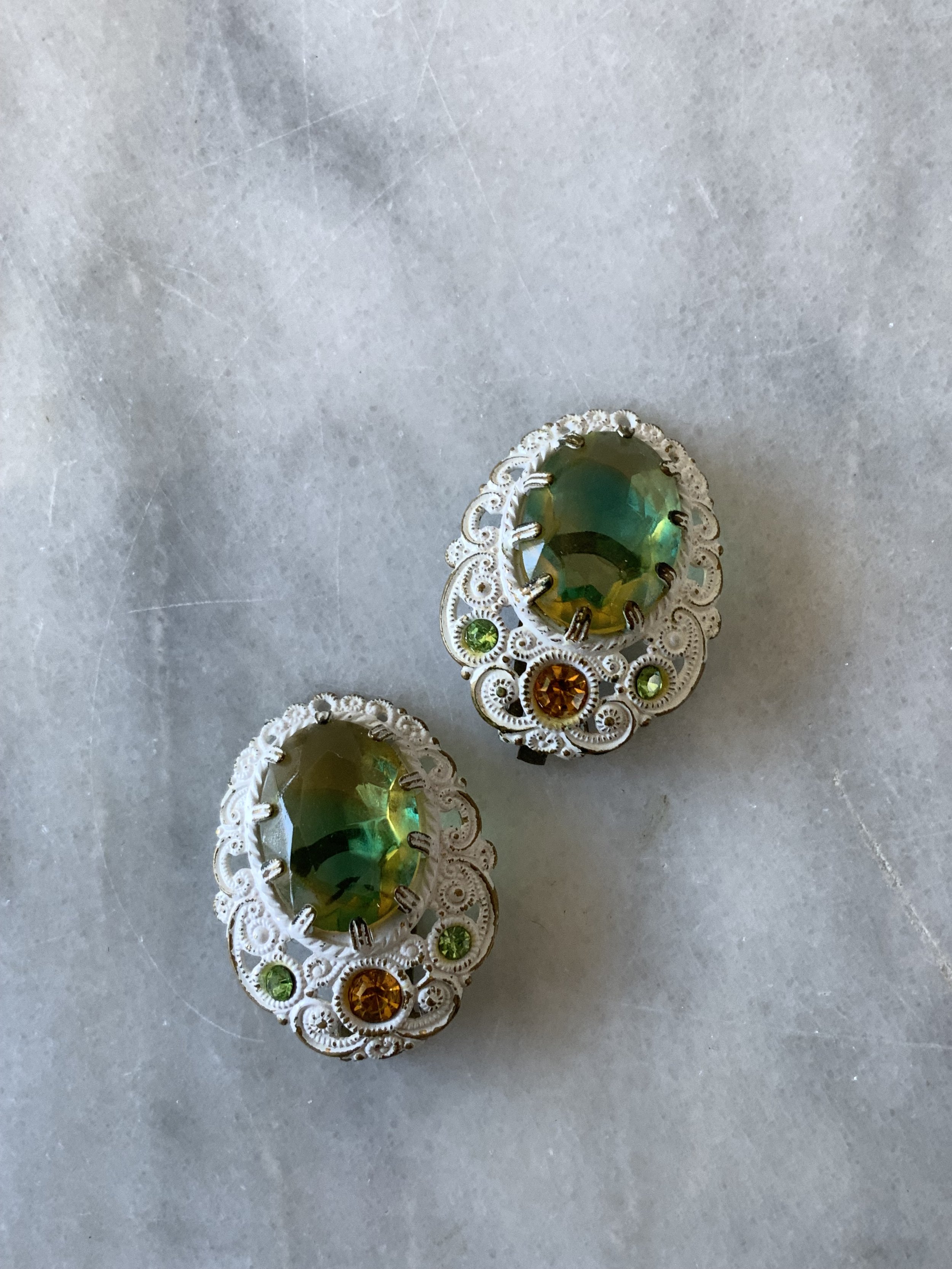 60s white filagree glass stone earrings
