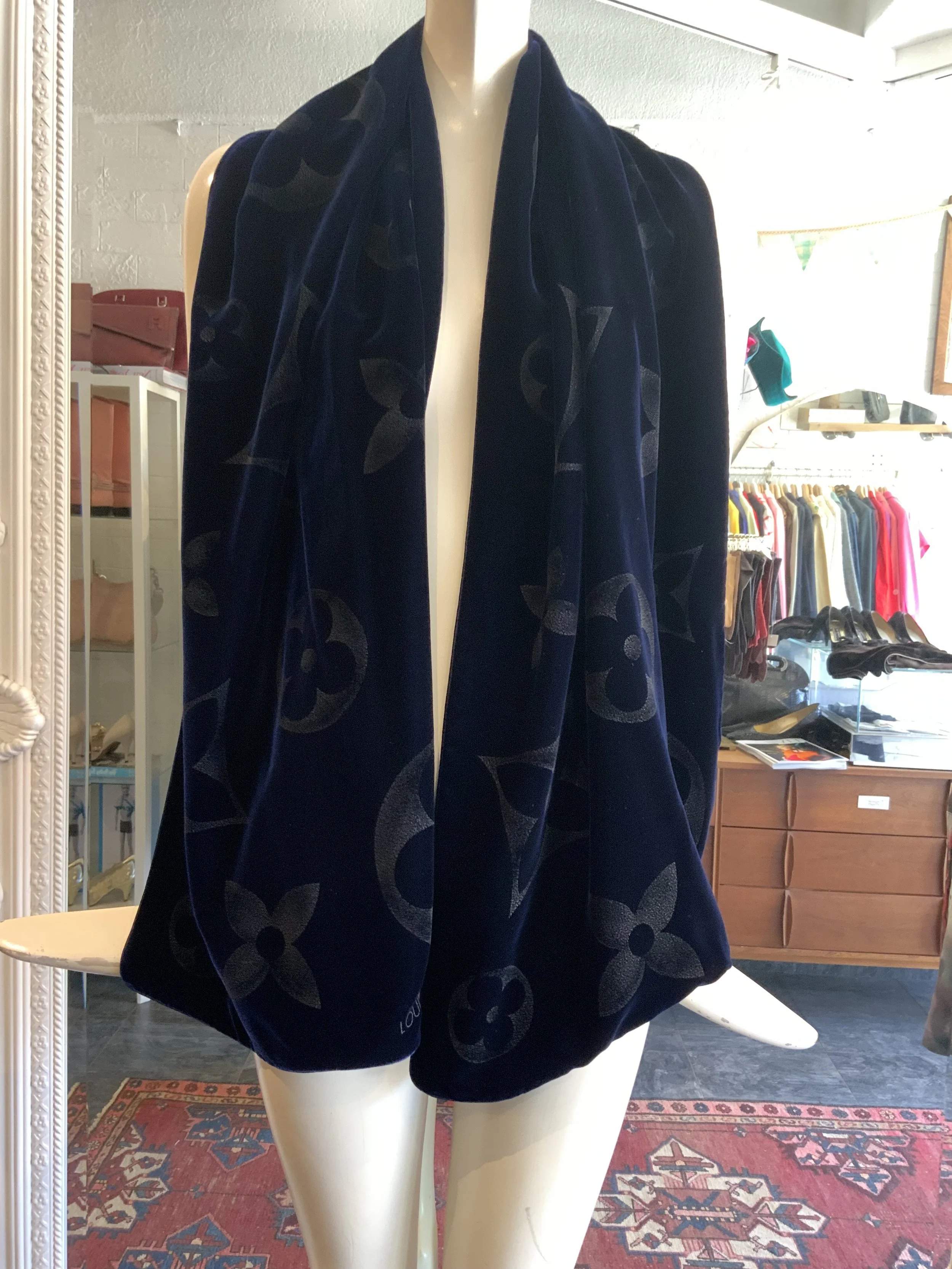 Louis Vuitton Navy Silk Velvet Scarf
