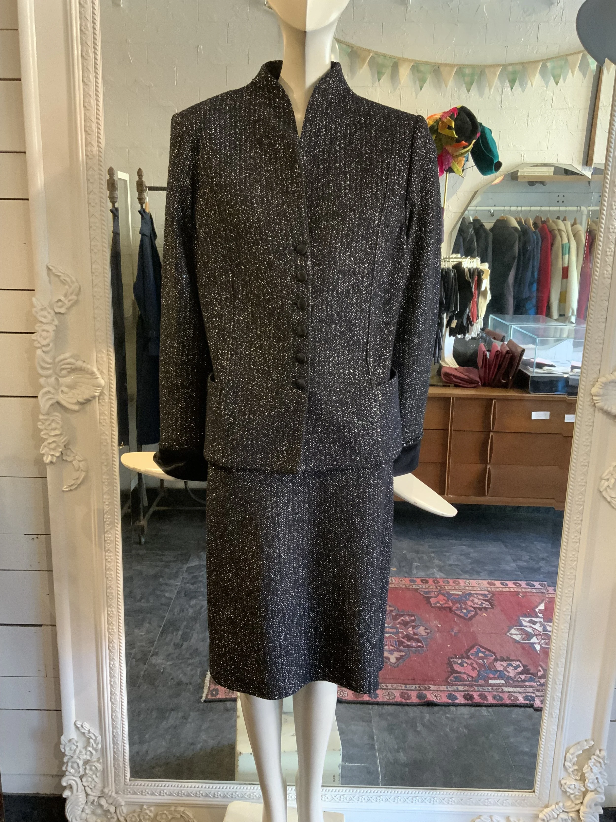 St. John Evening Black and Silver Skirt Suit | Size 12-14