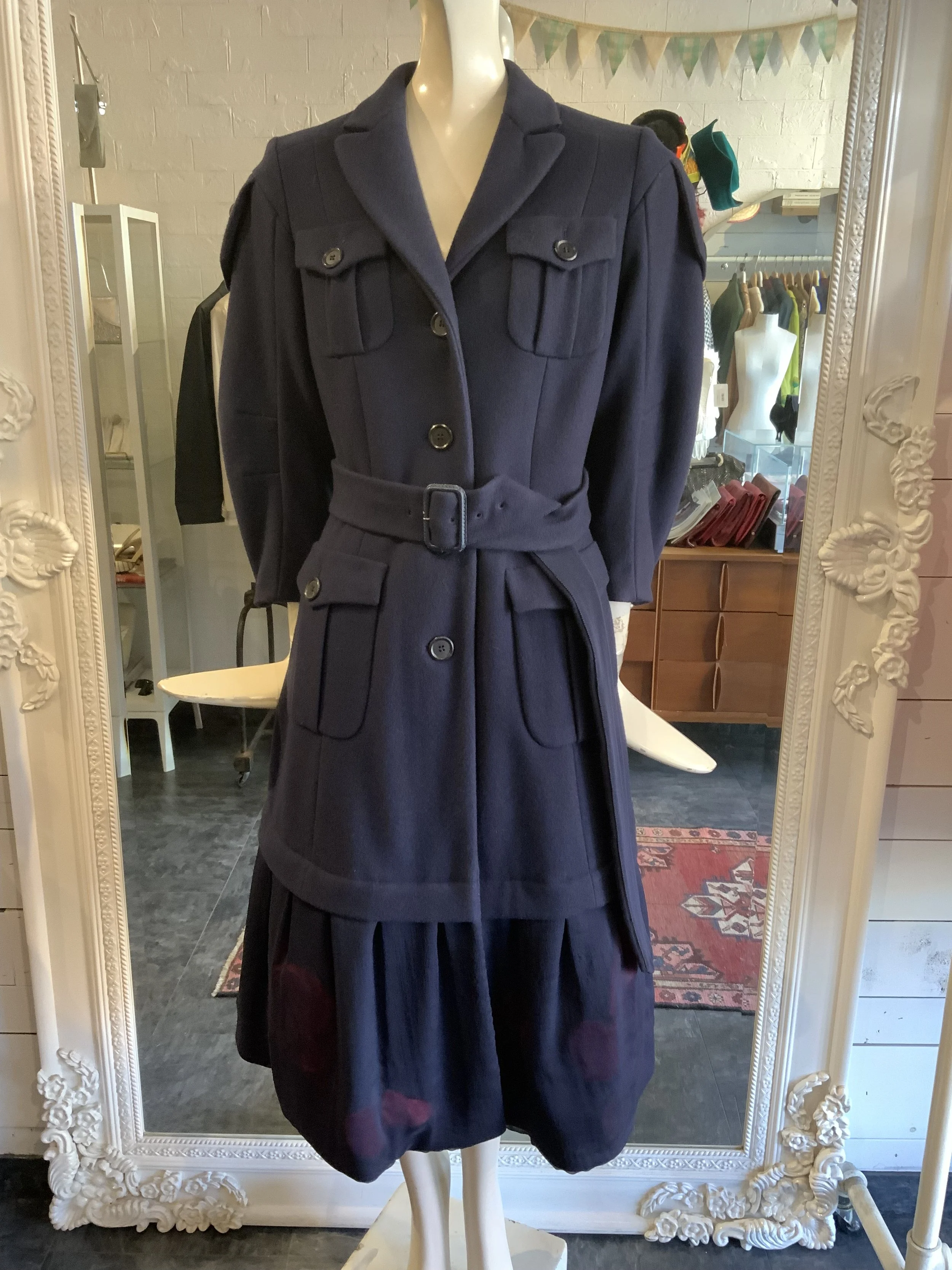 Moschino Navy Wool and Silk Military Coat | Size 6