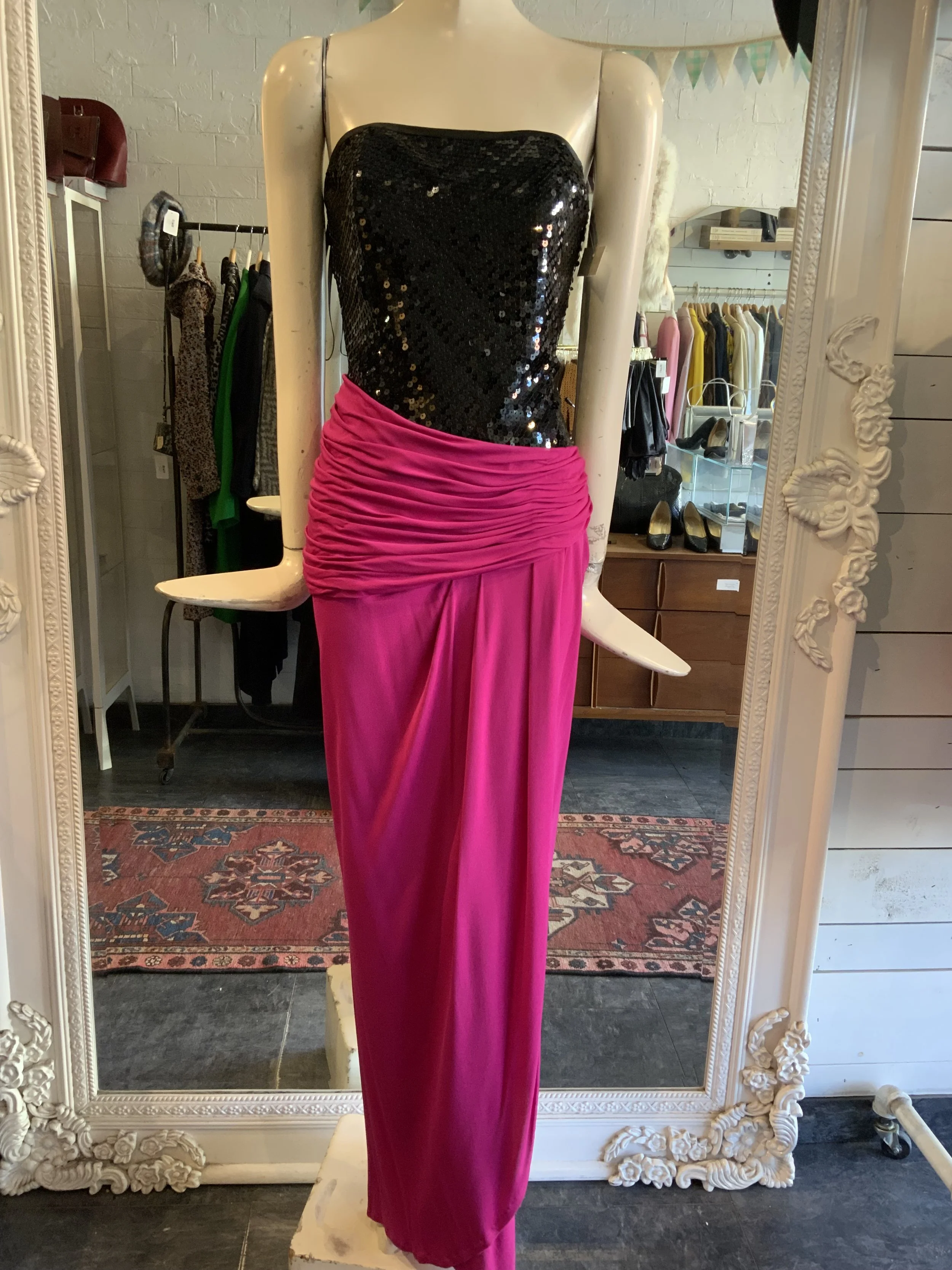1980s Terence Nolder black and pink gown | Size Medium