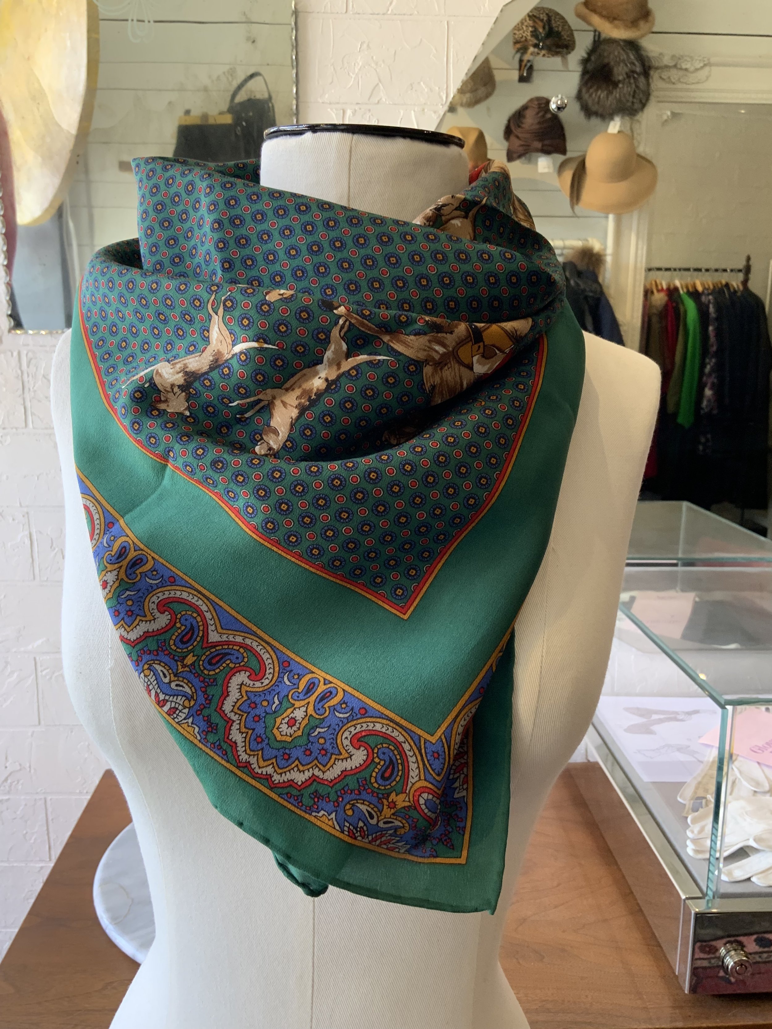 Hunting Scene Blue and Green Silk Scarf