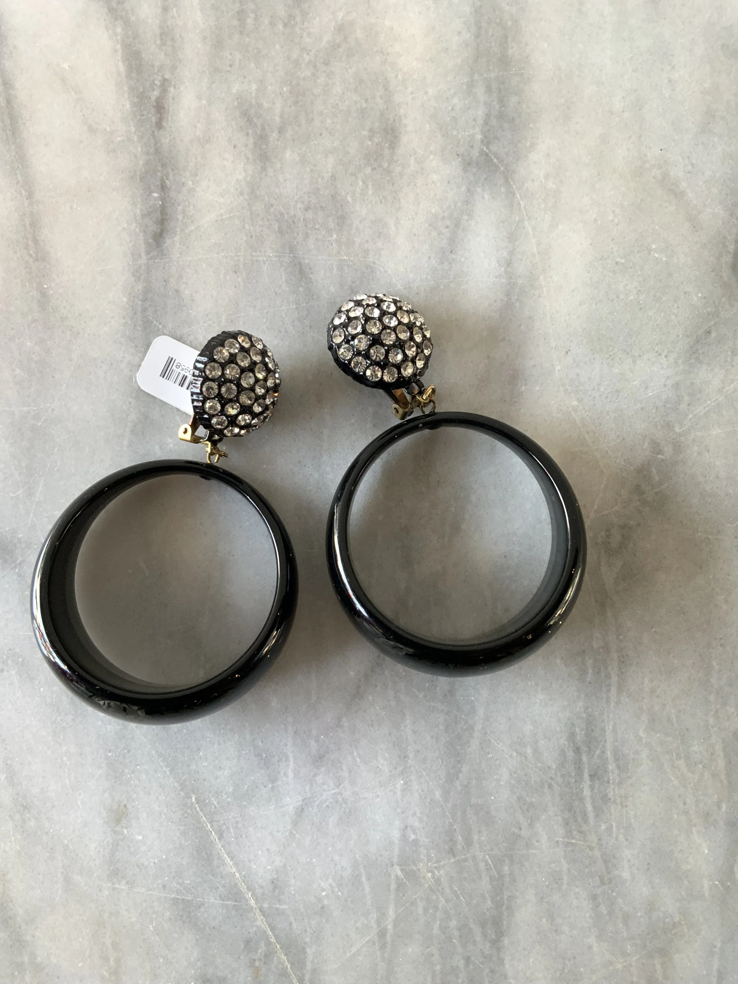 1980s rhinestone black dangle hoop clip ons