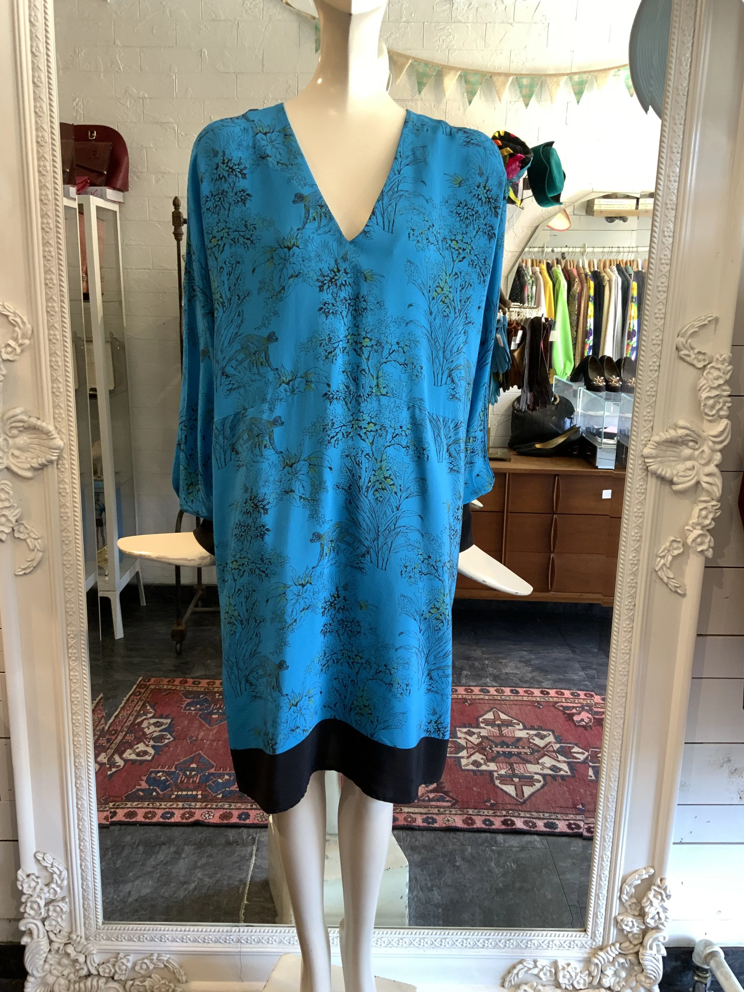 Judith & Charles blue silk tropical print dress | Size 10
