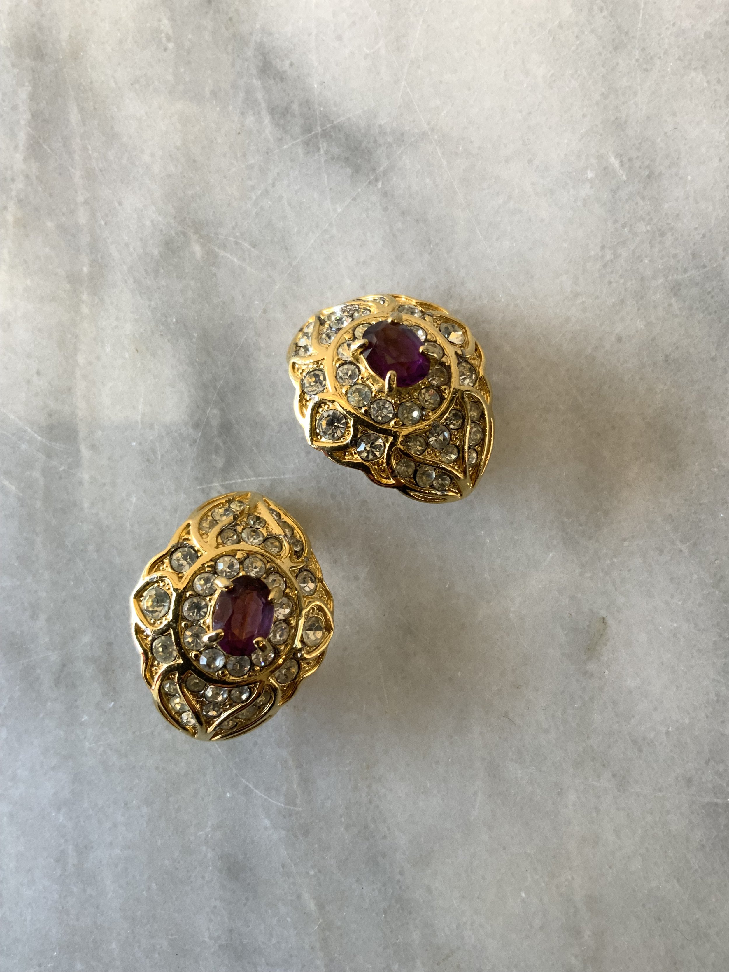 1980s white and purple rhinestone clip on earrings