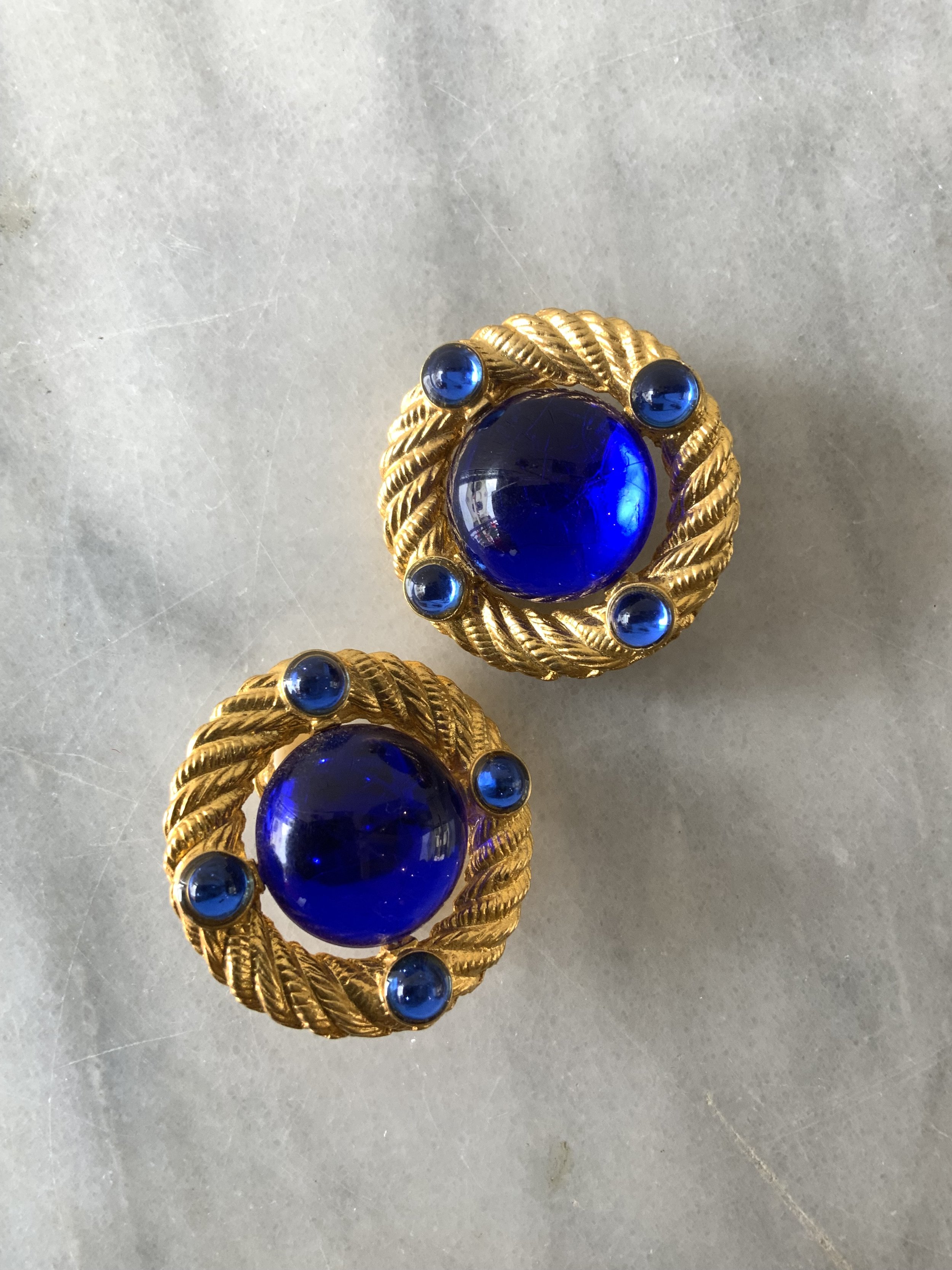 1980s Park Lane gold and cobalt clip on earrings