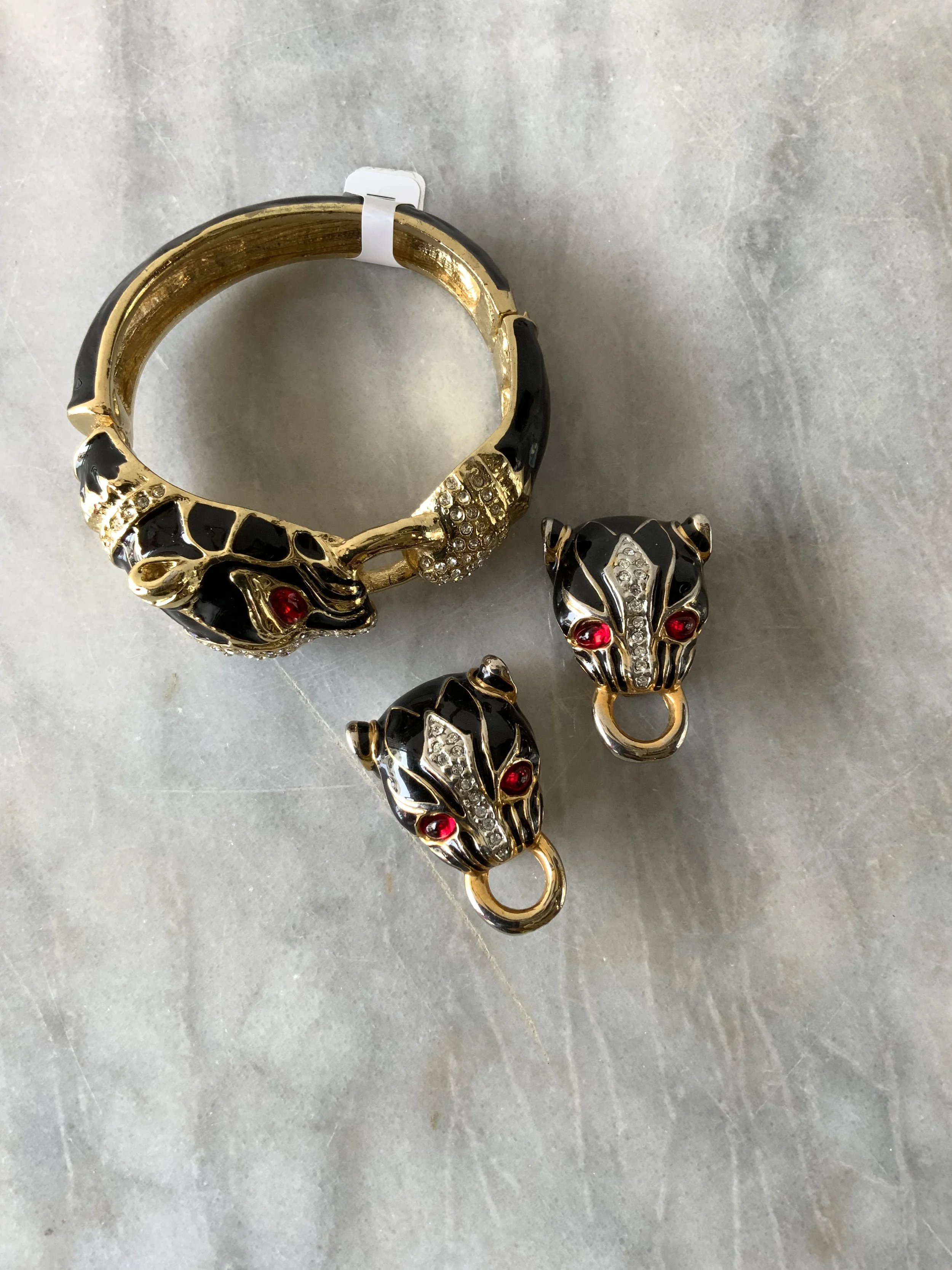 Vintage black panther enamel bracelet and earrings