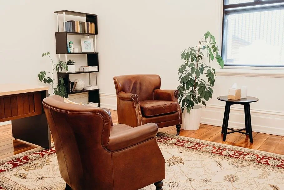 A cozy sitting area with two brown leather armchairs, a black side table with tissue box, a tall potted plant, a white bookshelf with decor, and a window.