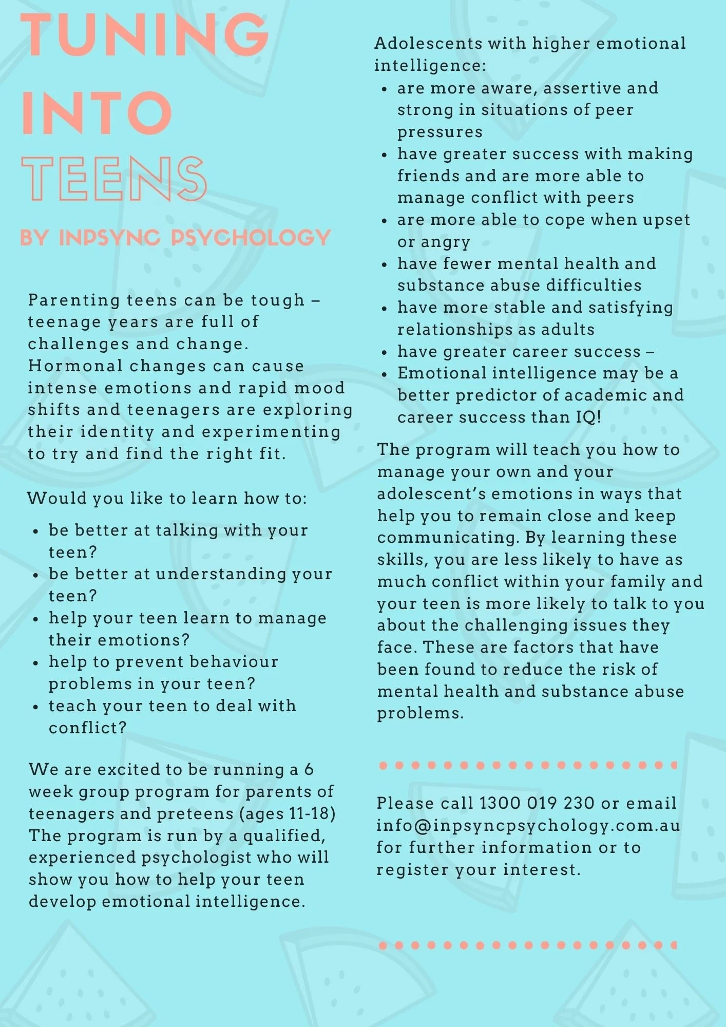 Pink and black text on a light blue background about a program for parents of teenagers focused on emotional intelligence and conflict management, with illustrated puzzle pieces in the background.