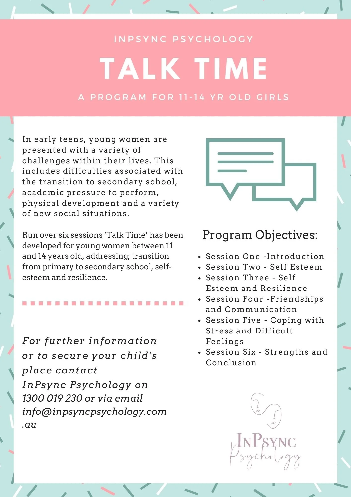 Flyer for INPSYNC Psychology's 'Talk Time' program for girls aged 11-14. The flyer highlights program objectives, session topics, and contact information, with a pastel background and abstract decorative elements.