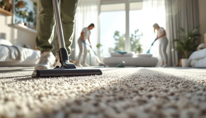 Family cleaning living room carpet with vacuum cleaner