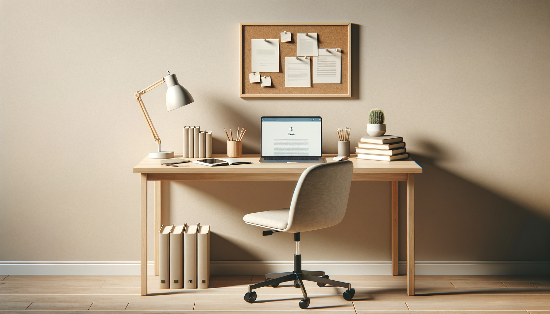 Minimalist home office with a wooden desk, white swivel chair, laptop, desk lamp, books, pencils, a potted cactus, and a corkboard with papers above.
