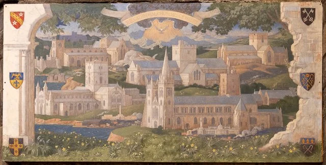A detailed painting of a historic castle and surrounding buildings on a hillside, with a river in the foreground, and heraldic shields on the borders.