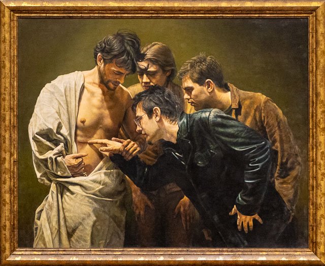 A painting of five young men examining a man dressed in a white robe, with one man pointing at his side and another leaning in closely, in a classical art style.