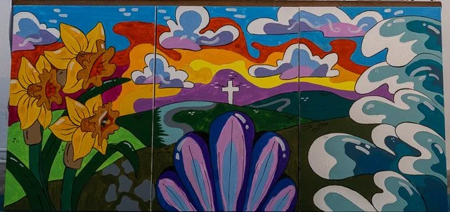 Colorful mural of daffodils and a landscape with clouds, hills, a cross in the distance, and stylized waves.
